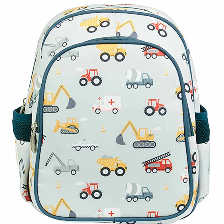 A Little Lovely Company Backpack, Insulated Front Pocket - Light Blue with Vehicles