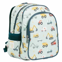 A Little Lovely Company Backpack, Insulated Front Pocket - Light Blue with Vehicles