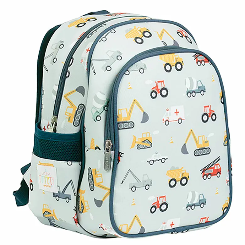 A Little Lovely Company Backpack, Insulated Front Pocket - Light Blue with Vehicles