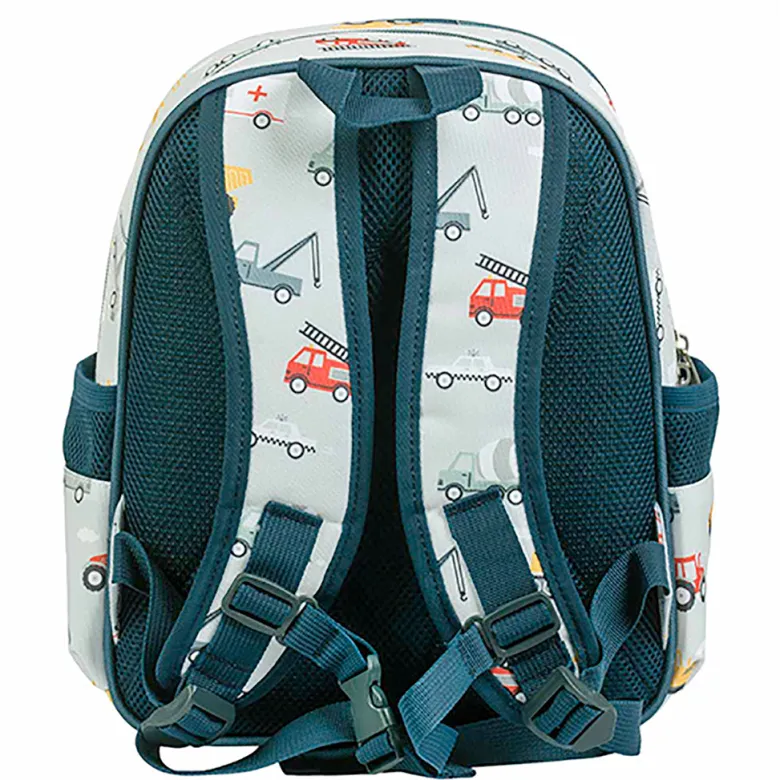 A Little Lovely Company Backpack, Insulated Front Pocket - Light Blue with Vehicles