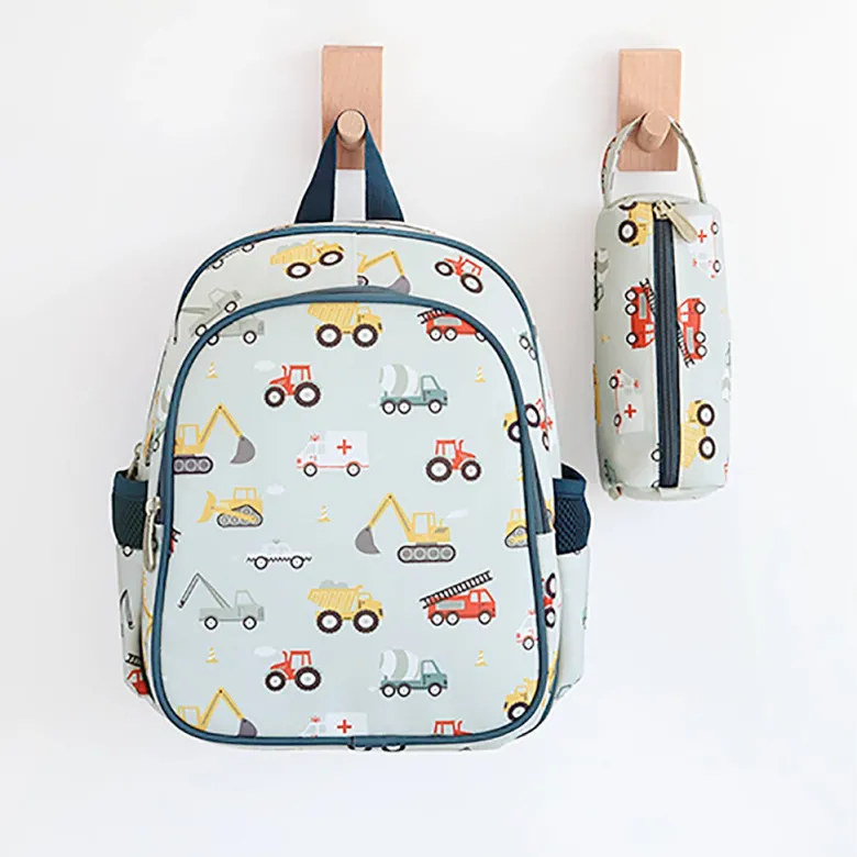 A Little Lovely Company Backpack, Insulated Front Pocket - Light Blue with Vehicles