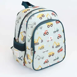 A Little Lovely Company Backpack, Insulated Front Pocket - Light Blue with Vehicles