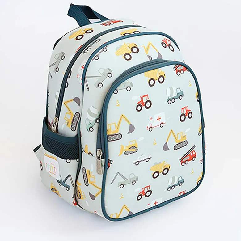 A Little Lovely Company Backpack, Insulated Front Pocket - Light Blue with Vehicles