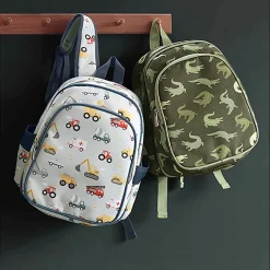 A Little Lovely Company Backpack, Insulated Front Pocket - Light Blue with Vehicles