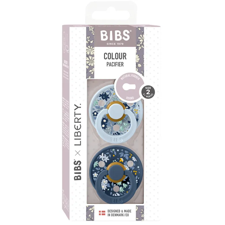 Bibs Liberty, 2-Pack Color, Natural Rubber Pacifiers, Size 2 - Chamomile Lawn - Baby Blue Mix