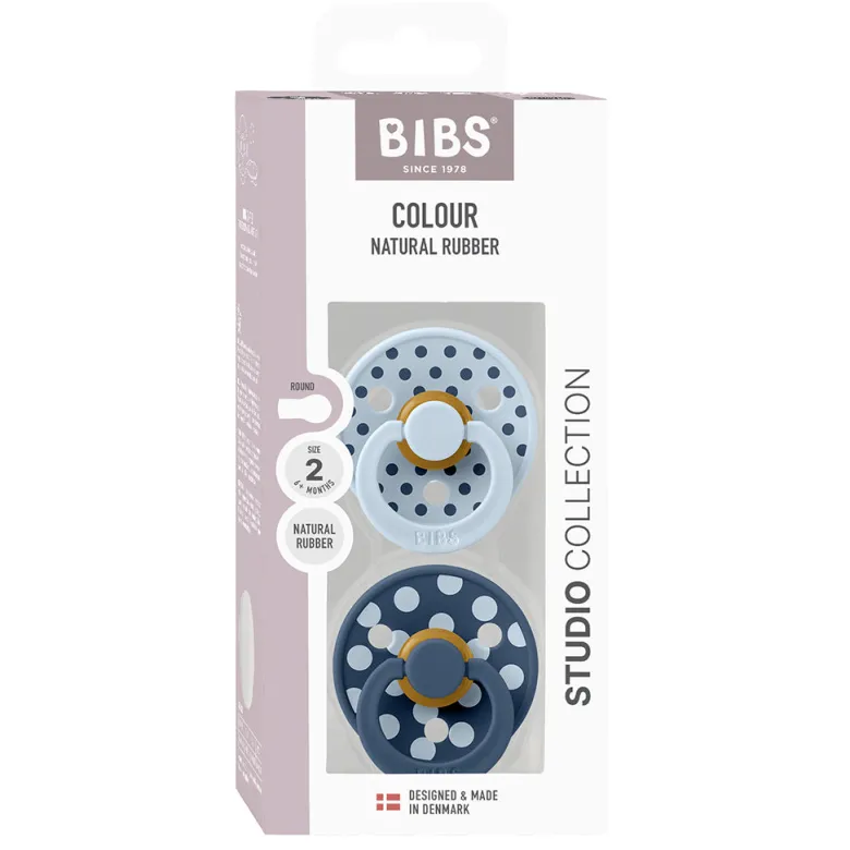 Bibs Natural Rubber Pacifier, 2-Pack, Size 2 - Studio Colour, Polka - Baby Blue/Steel Blue
