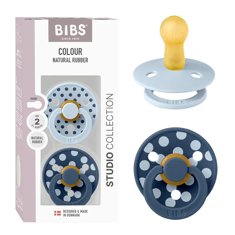 Bibs Natural Rubber Pacifier, 2-Pack, Size 2 - Studio Colour, Polka - Baby Blue/Steel Blue