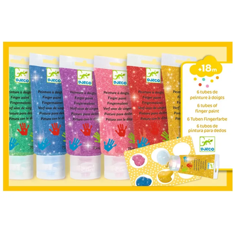 Djeco Finger Paints, 6 Sparkle Colors in Tubes