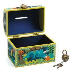 Djeco Piggy Bank, Treasure Chest with Dinosaurs and Lock