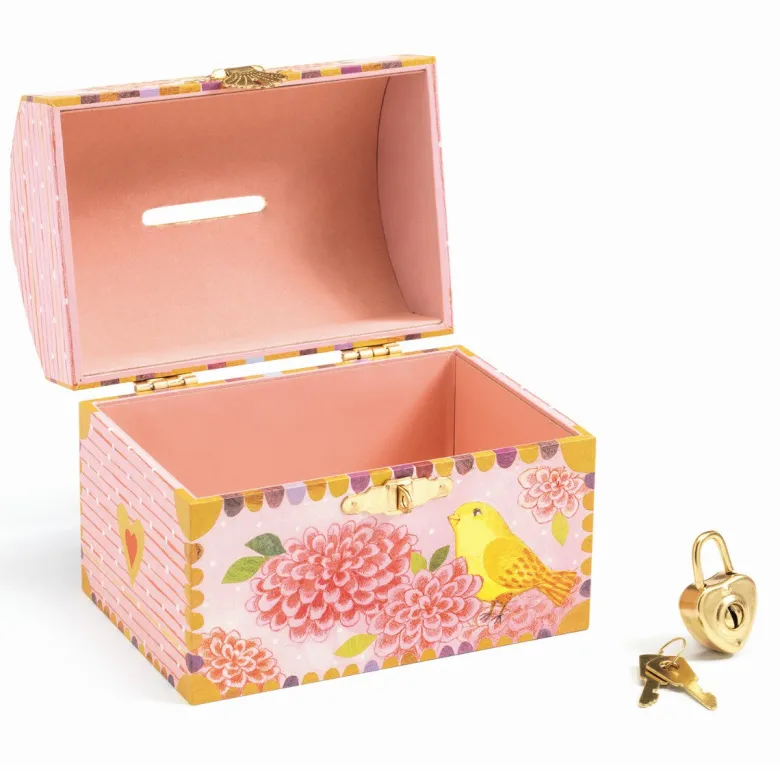 Djeco Treasure Chest Coin Bank with Birds and Lock