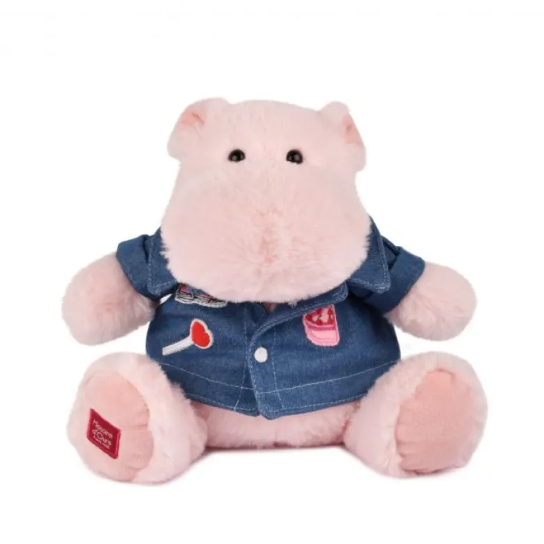 Doudou et Compagnie Hippo Plush Toy, Light Pink with Denim Jacket - 20 cm
