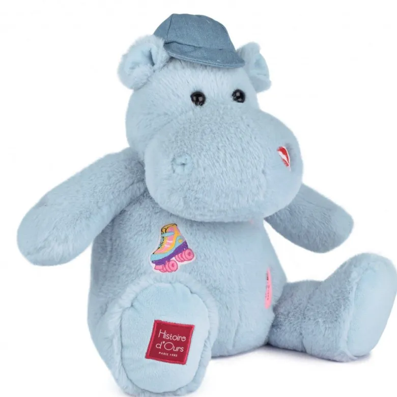 Doudou et Compagnie Plush Hippopotamus, Blue with Embroidered Patches - 38 cm