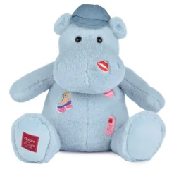 Doudou et Compagnie Plush Hippopotamus, Blue with Embroidered Patches - 38 cm