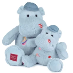 Doudou et Compagnie Plush Hippopotamus, Blue with Embroidered Patches - 38 cm