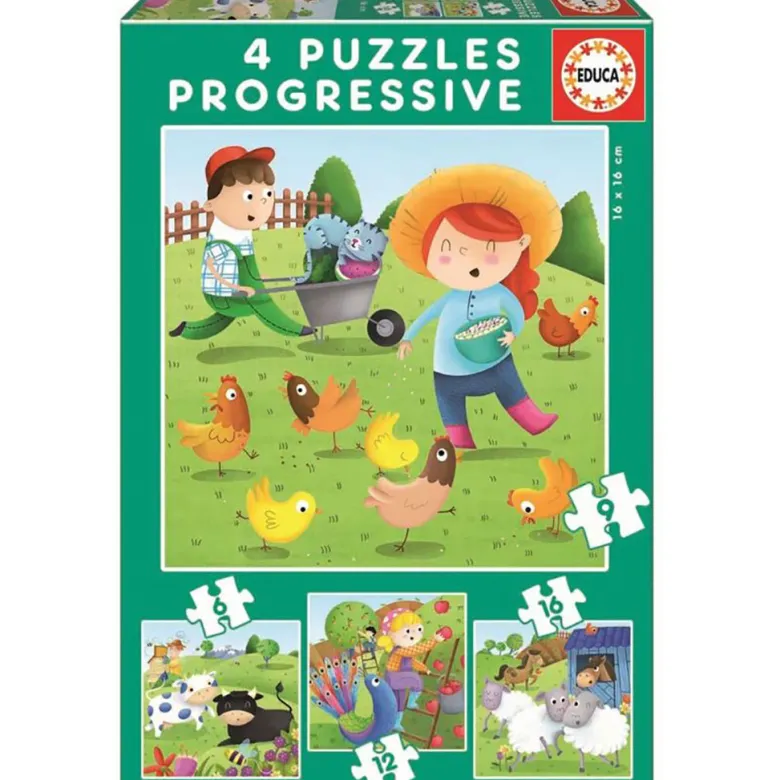 Educa Puzzle Set, 4 Farm Animal Puzzles - 6, 9, 12, and 16 Pieces