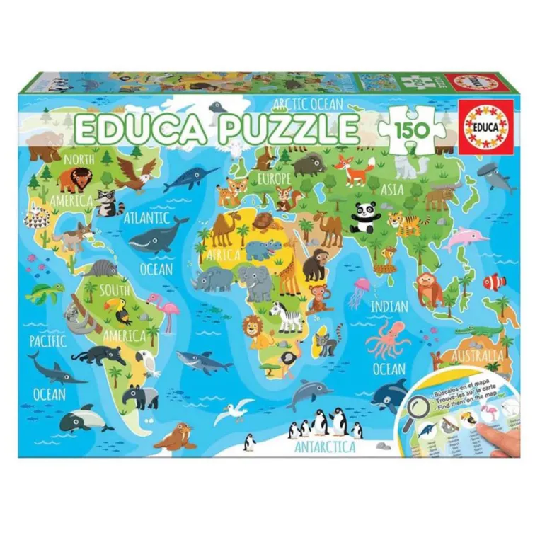 Educa Puzzle, World Map with Animals - 150 Pieces