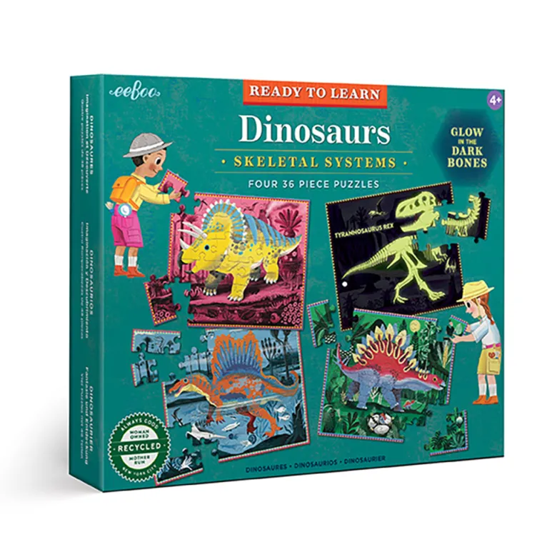 Eeboo 4 Puzzle Set, Dinosaurs, Glow-in-the-Dark – 36 Pieces Each