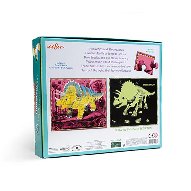 Eeboo 4 Puzzle Set, Dinosaurs, Glow-in-the-Dark – 36 Pieces Each