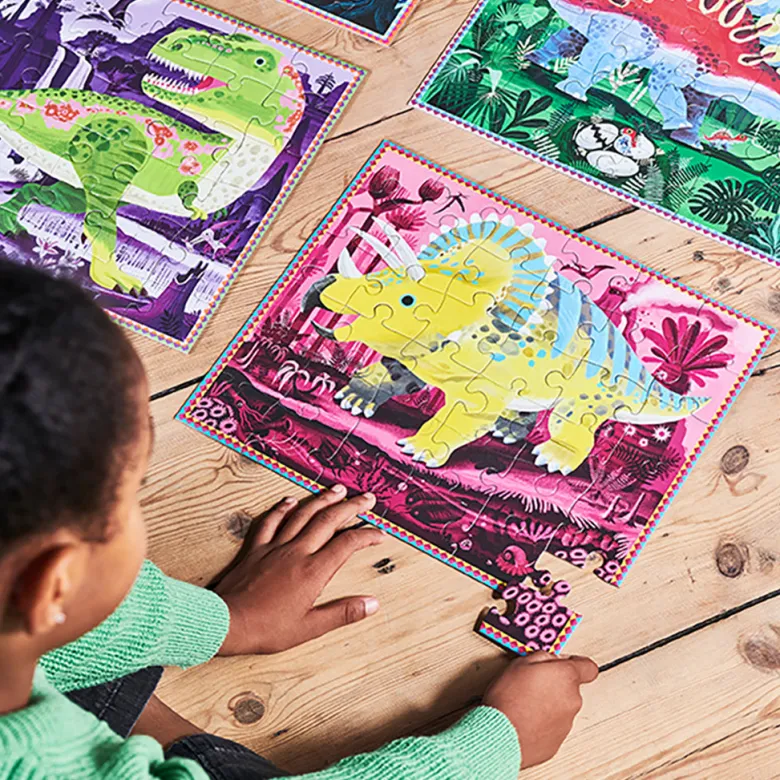 Eeboo 4 Puzzle Set, Dinosaurs, Glow-in-the-Dark – 36 Pieces Each