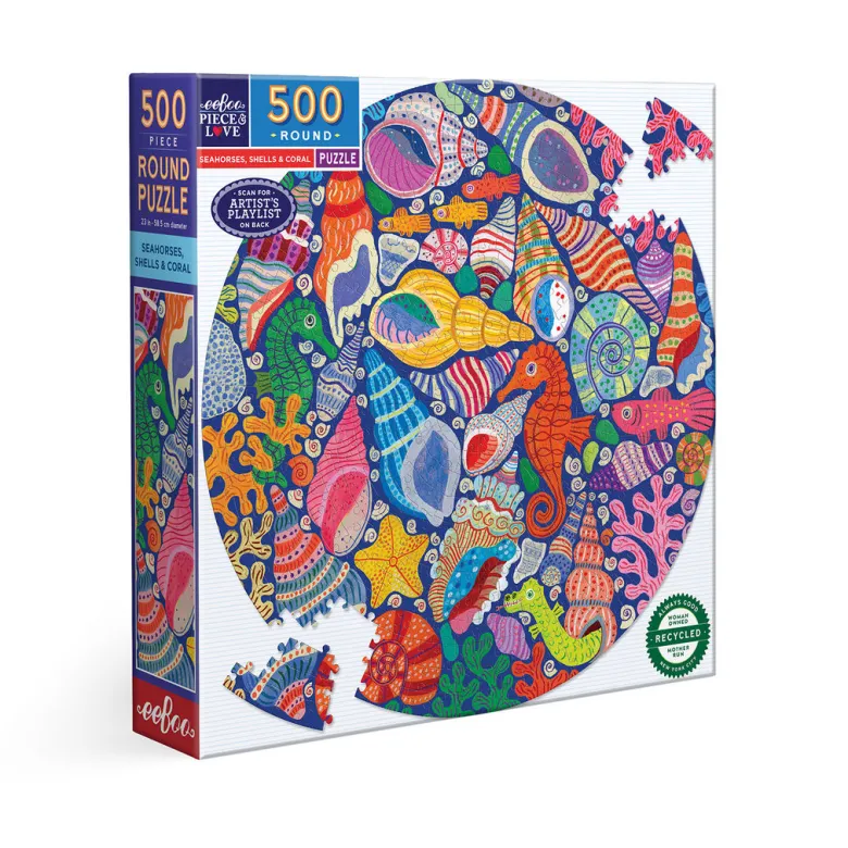 eeBoo Round Puzzle 500 Pieces, Seahorses Shells & Coral