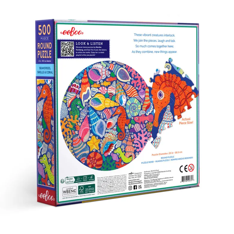 eeBoo Round Puzzle 500 Pieces, Seahorses Shells & Coral