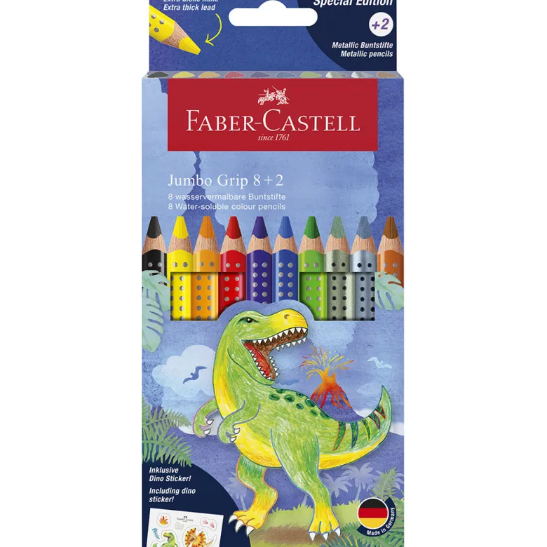 Faber-Castell, 8+2 Jumbo Grip Colors with Stickers – Dinosaur
