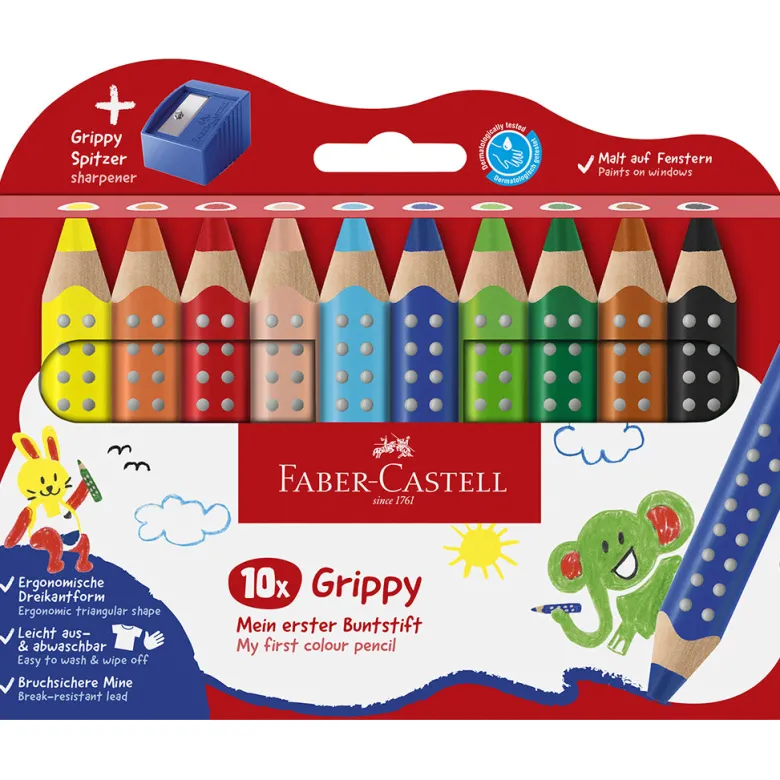 Faber-Castell, Grippy Jumbo Coloring Pencils – Set of 10 + 1 Pencil Sharpener