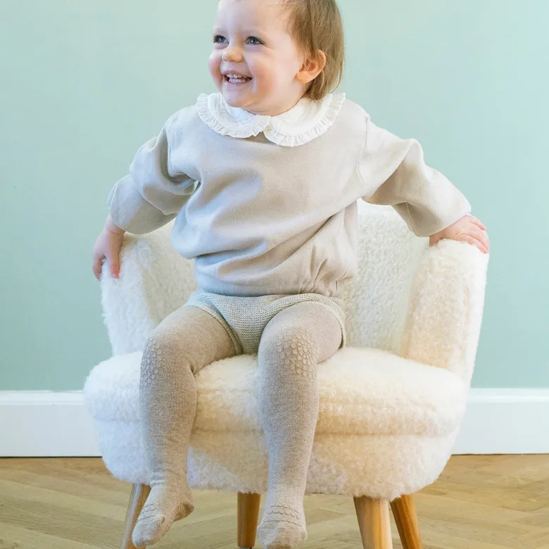 GoBabyGo Crawling Tights with Grips, Sand - Wool