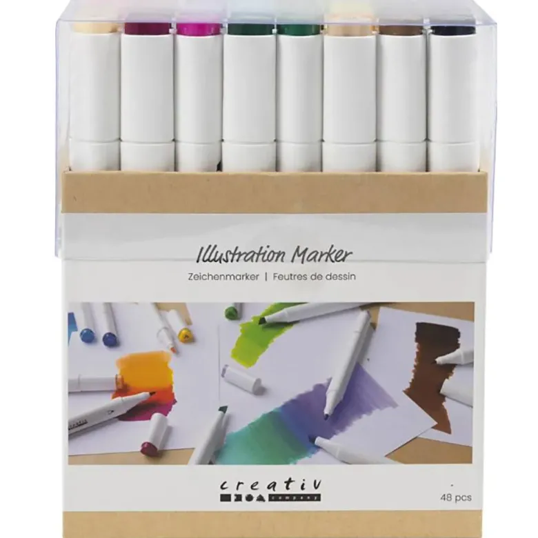 Illustration Markers, Double-Ended, 1mm + 8mm Tips, 48 Pieces - Standard Colors