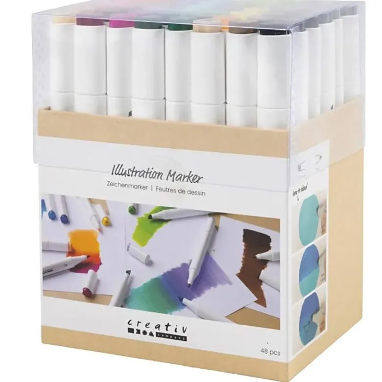 Illustration Markers, Double-Ended, 1mm + 8mm Tips, 48 Pieces - Standard Colors