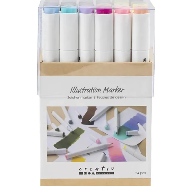Illustration Markers, Dual Tip, 1mm + 8mm Line, Set of 24 - Pastel and Standard Colors