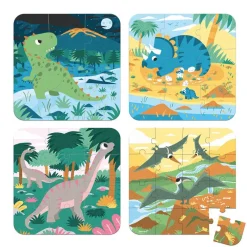 Janod Puzzle, 4-in-1 with Progressive Difficulty, 6, 9, 12, and 16 Pieces - Dinosaur