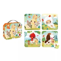 Janod Puzzle, 4-in-1 with Progressive Difficulty, 6, 9, 12, and 16 Pieces - Farmyard