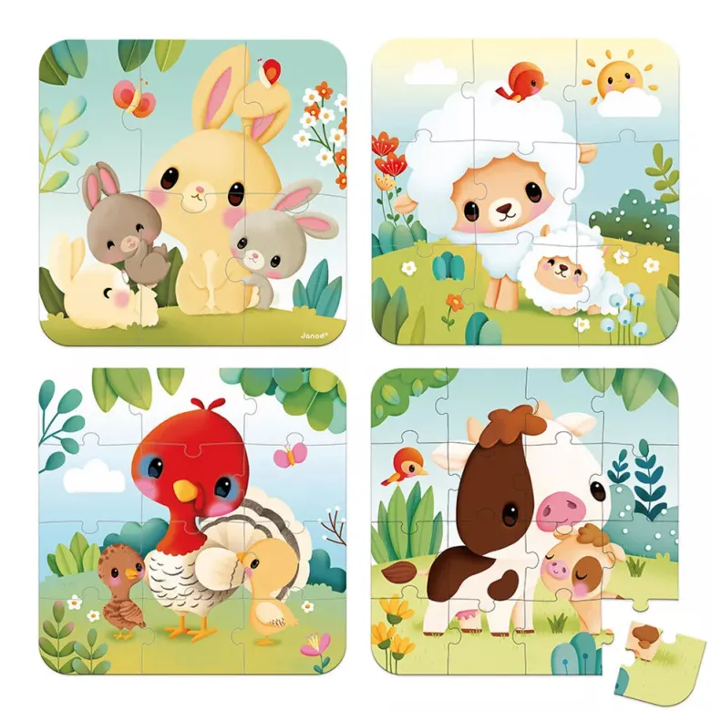 Janod Puzzle, 4-in-1 with Progressive Difficulty, 6, 9, 12, and 16 Pieces - Farmyard