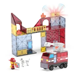 Magna-Tiles Magnetic Building Set, Fire Station with Lights and Sounds - 50 Pieces