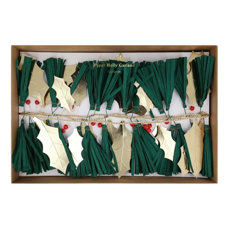 Meri Meri Garland, Pine Needles & Gold Holly – 1.2 m