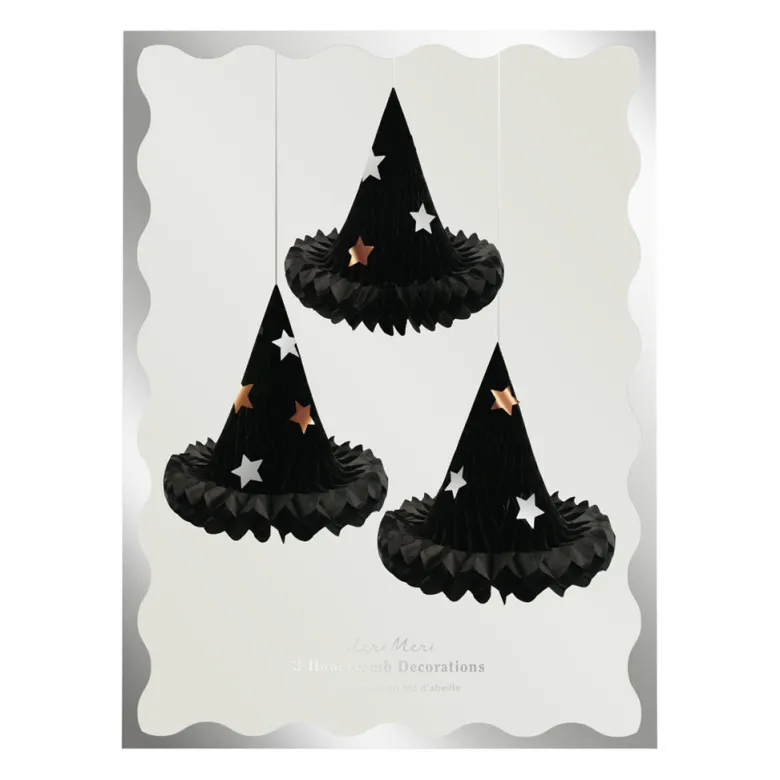 Meri Meri Halloween Decorations, Hanging Decor, Set of 3 Honeycomb Witch Hats