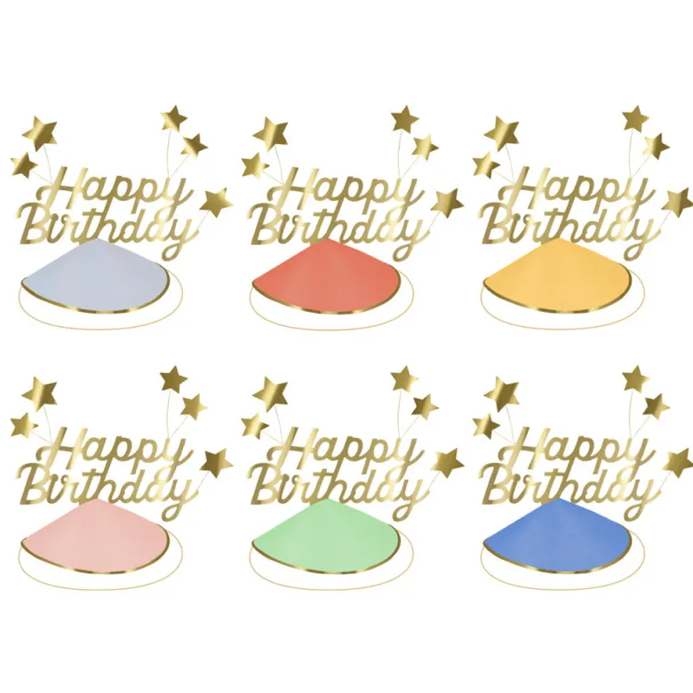 Meri Meri Party Hats, Happy Birthday & Foil Star Party Hats - Set of 6