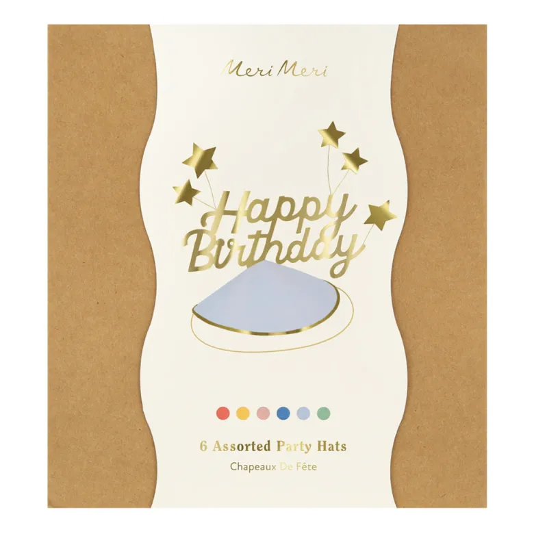 Meri Meri Party Hats, Happy Birthday & Foil Star Party Hats - Set of 6
