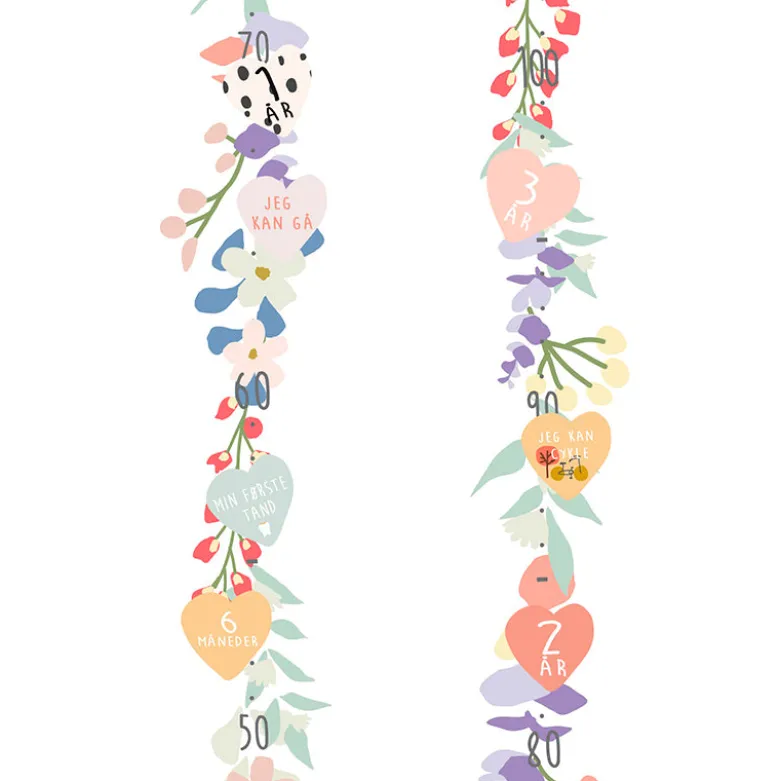Mimi Lou Wall Sticker, Growth Chart with Milestone Markers - Spring Flowers with Danish Text