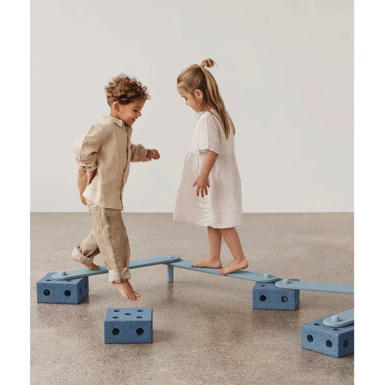 Modu Balance Track, Wooden Balance Beam with Foam Blocks, Activity Toy - Deep Blue / Sky Blue