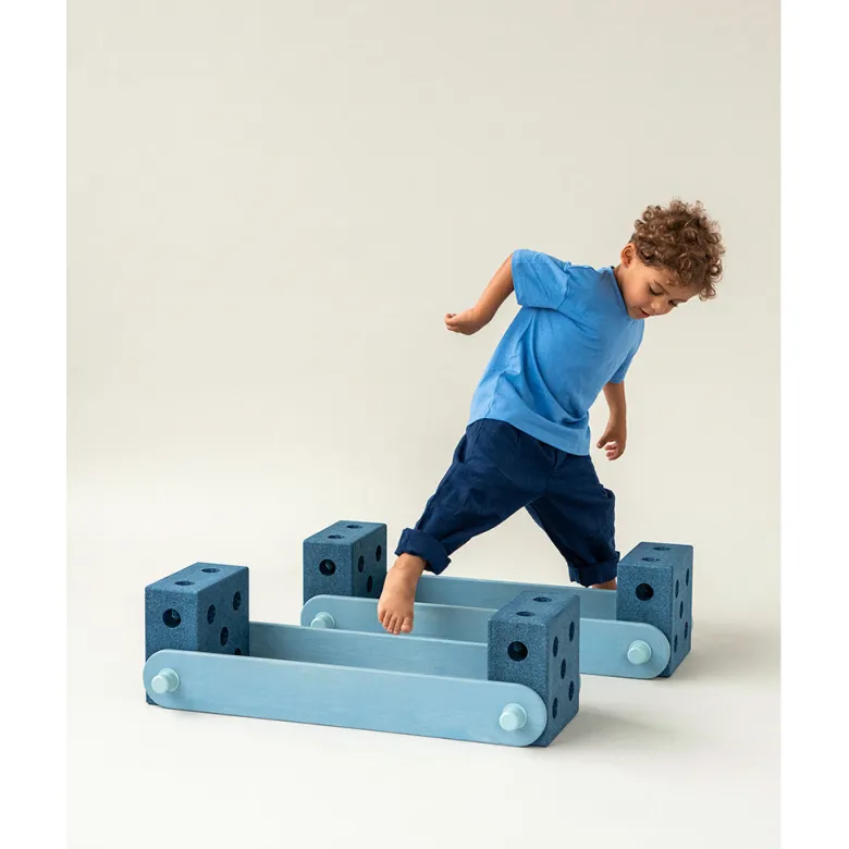 Modu Balance Track, Wooden Balance Beam with Foam Blocks, Activity Toy - Deep Blue / Sky Blue