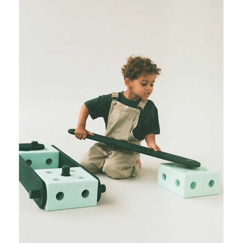 Modu Balance Track, Wooden Balance Beam with Foam Blocks, Activity Toy - Ocean Mint / Forest Green
