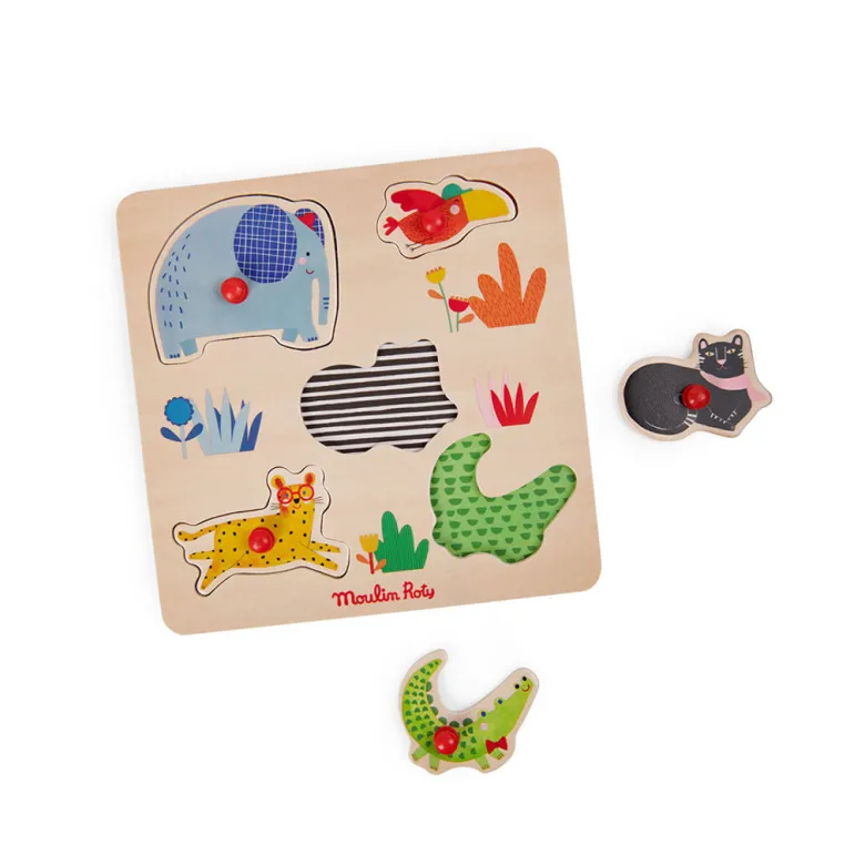 Moulin Roty Knob Puzzle with 5 Pieces, Jungle Animals - Les Toupitis