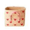 Natural Rice Basket with Embroidered Hearts