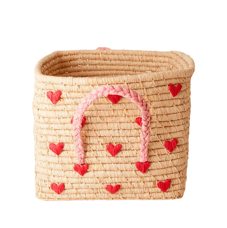 Natural Rice Basket with Embroidered Hearts