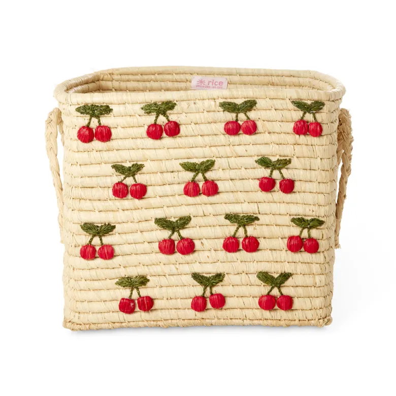 Natural Rice Basket with Small Cherry Embroideries