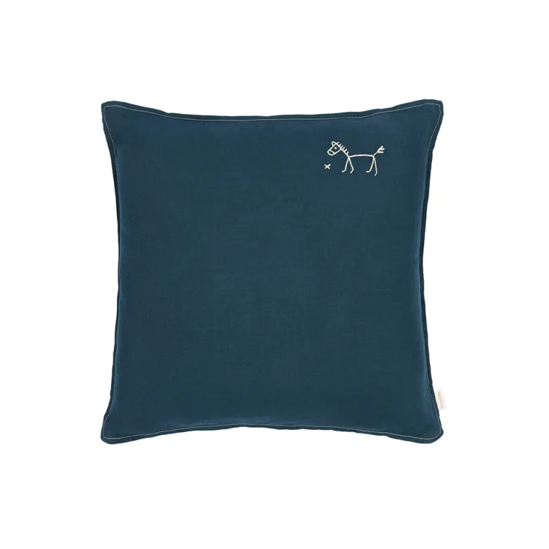 Nobodinoz Embroidered Cushion, 45 x 45 cm, Washed French Linen – Deep Blue
