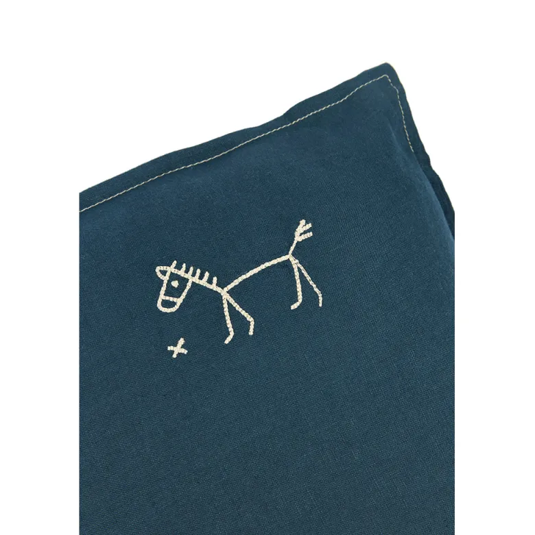 Nobodinoz Embroidered Cushion, 45 x 45 cm, Washed French Linen – Deep Blue