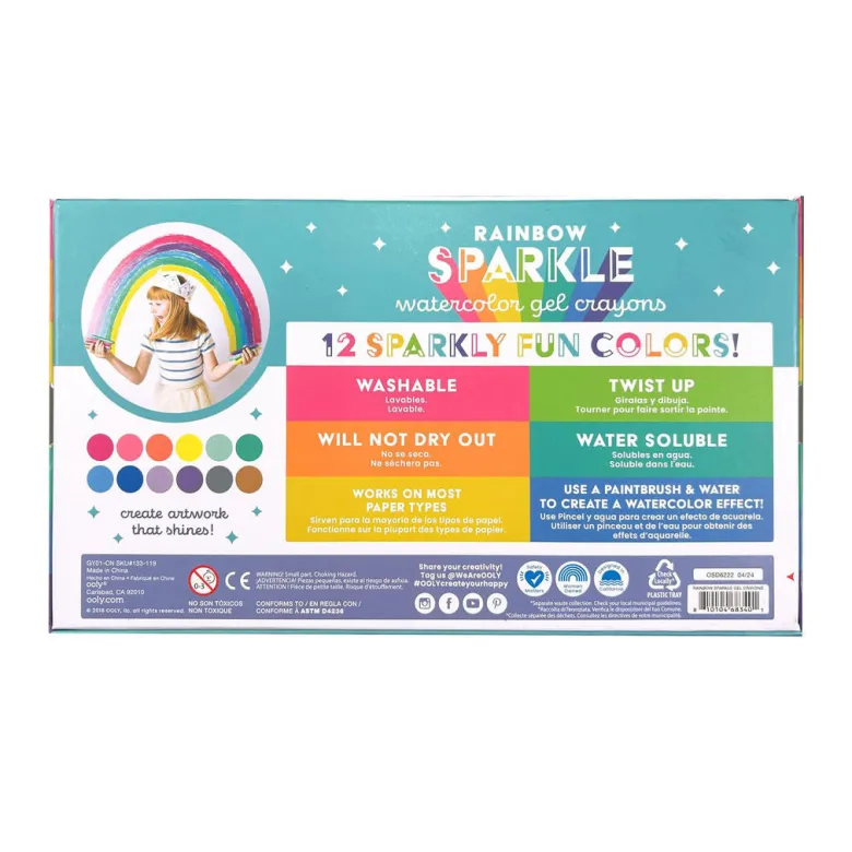 Ooly Gel Colour Crayons, Set of 12 – Rainbow Sparkle Watercolor Metallic
